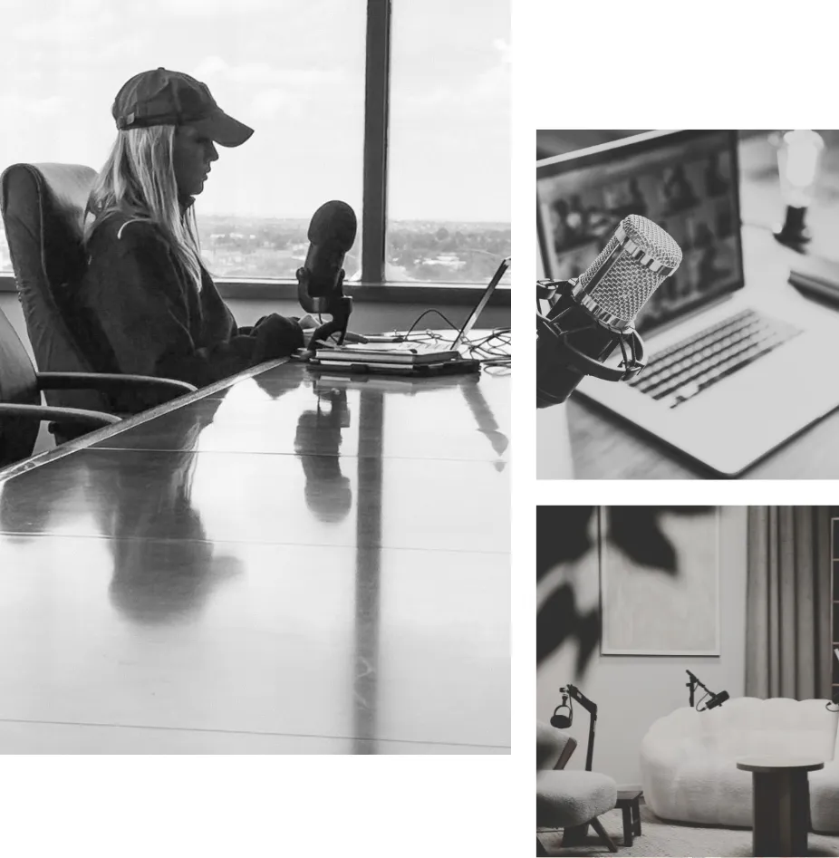 Black and white photographs of Cassidyy recording and a podcast studio