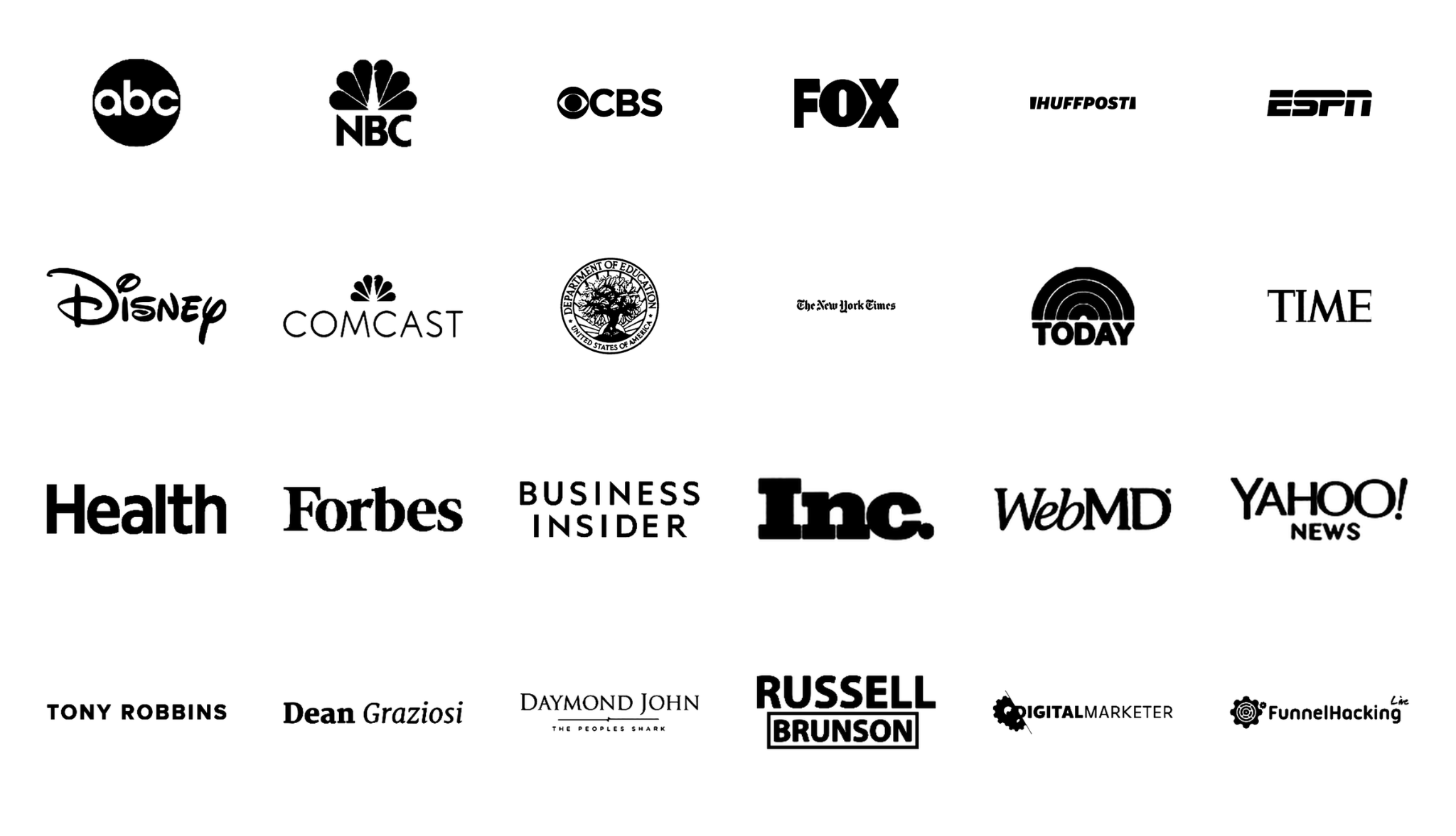 Brands connected to Creative Podcast Company podcasters, including ABC, NBC, CBS, Fox, Disney, ESPN, Forbes, The New York Times, Today, Time, WebMD, and more